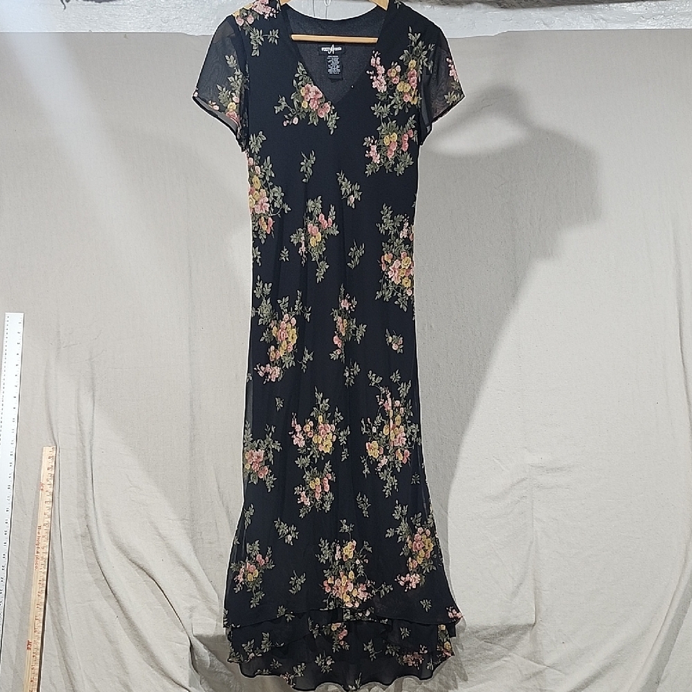 Vintage Positive Attitude Black Floral Tieredβ Hem Maxi Dress Sheer Sleeves Sz 8